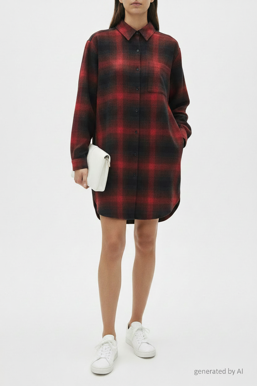 Robe chemise Claudie Pierlot femme T36 recto — carreaux noir rouge tartan manches longues renforts coudes — seconde main parfait état — Epok Label