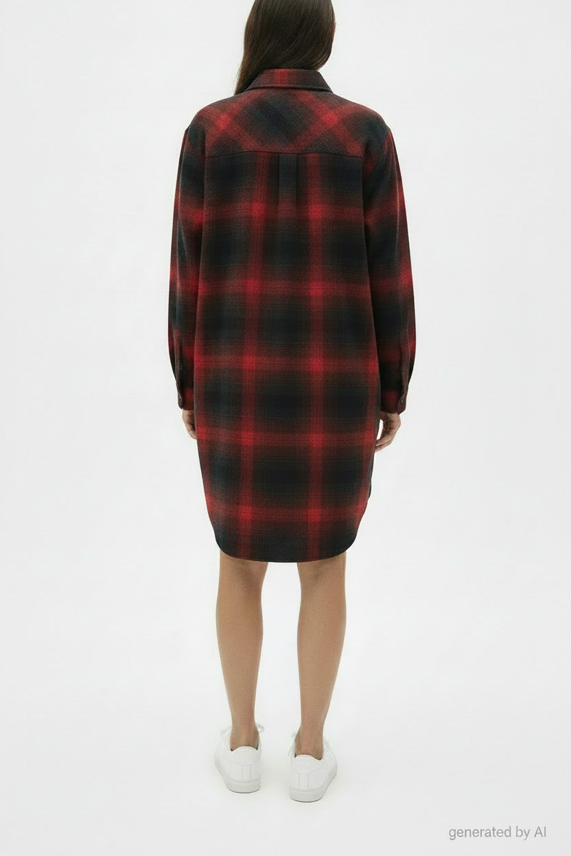Robe chemise Claudie Pierlot femme T36 verso — carreaux noir rouge tartan manches longues renforts coudes — seconde main parfait état — Epok Label