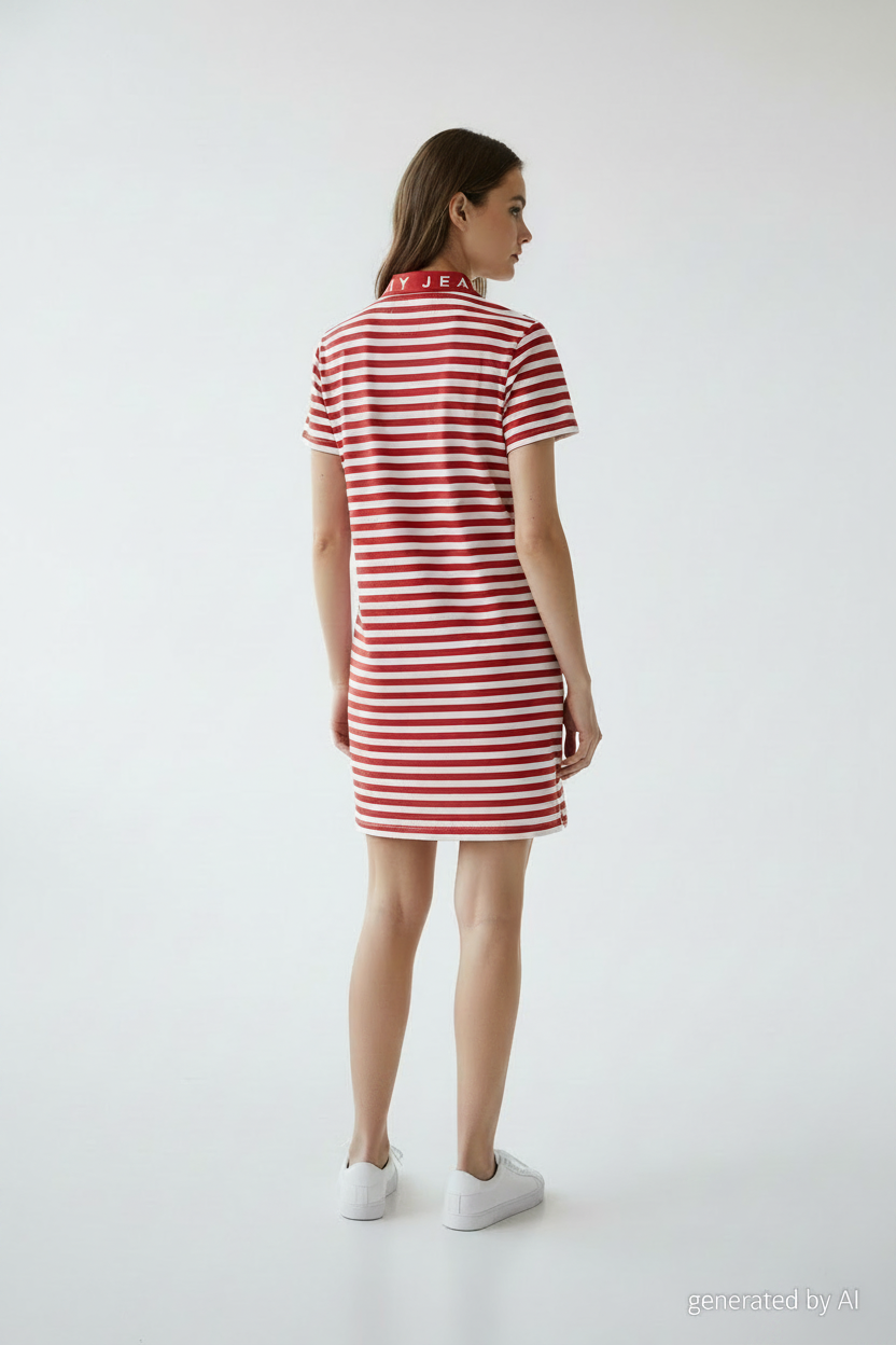 Robe polo Tommy Jeans rayée rouge et blanc taille S - vue de dos sur mannequin