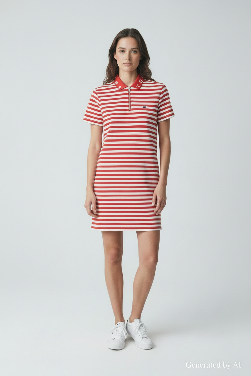 Robe polo Tommy Jeans rayée rouge et blanc taille S - vue de face sur mannequin
