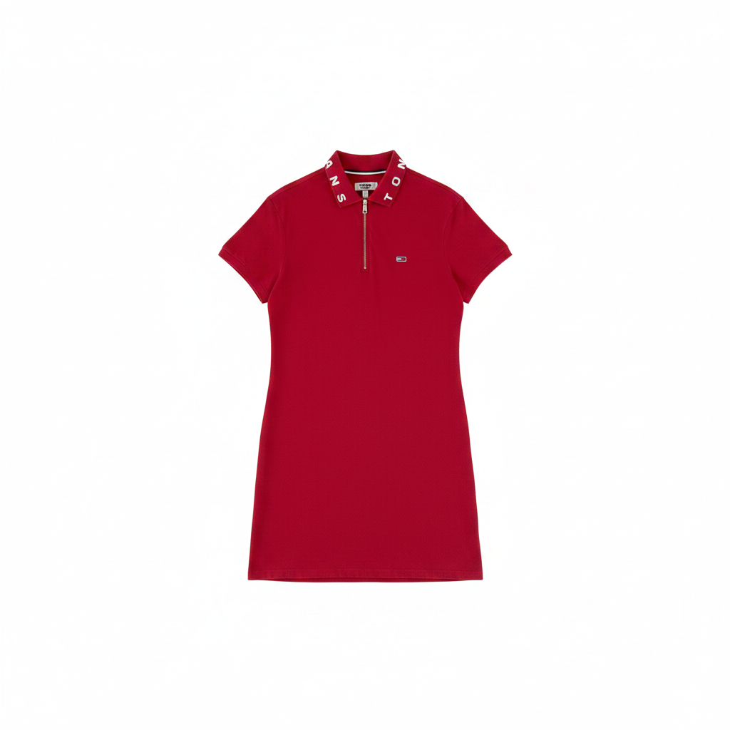 Robe polo rouge Tommy Hilfiger Jeans femme taille S – zip au col, logo brodé, vue de face