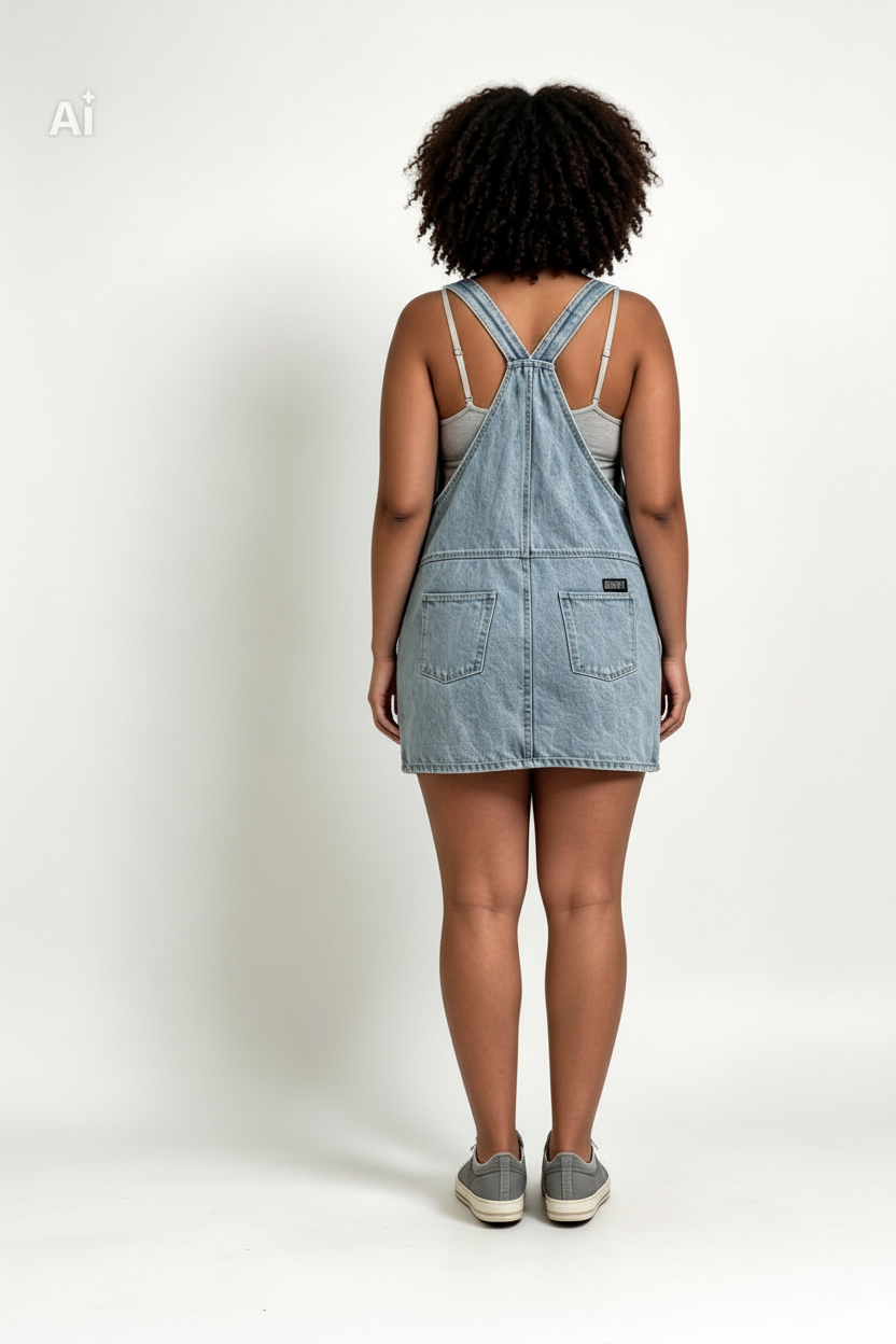 Robe salopette Obey denim brut vintage taille L – de dos – sur mannequin -  Epok Label