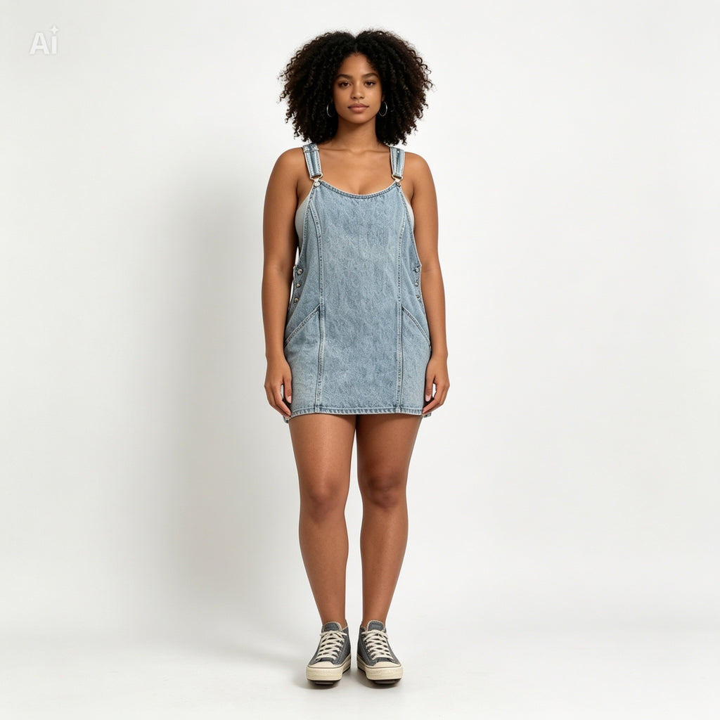 Robe salopette Obey denim brut vintage taille L – vue de face – sur mannequin -  Epok Label