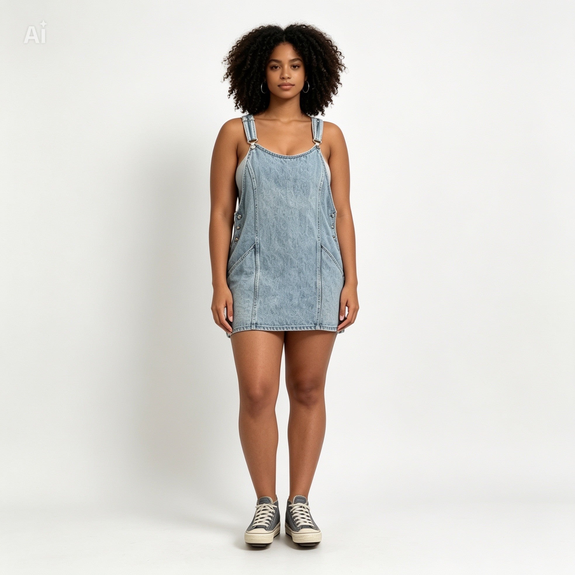 Robe salopette Obey denim brut vintage taille L – vue de face – sur mannequin -  Epok Label