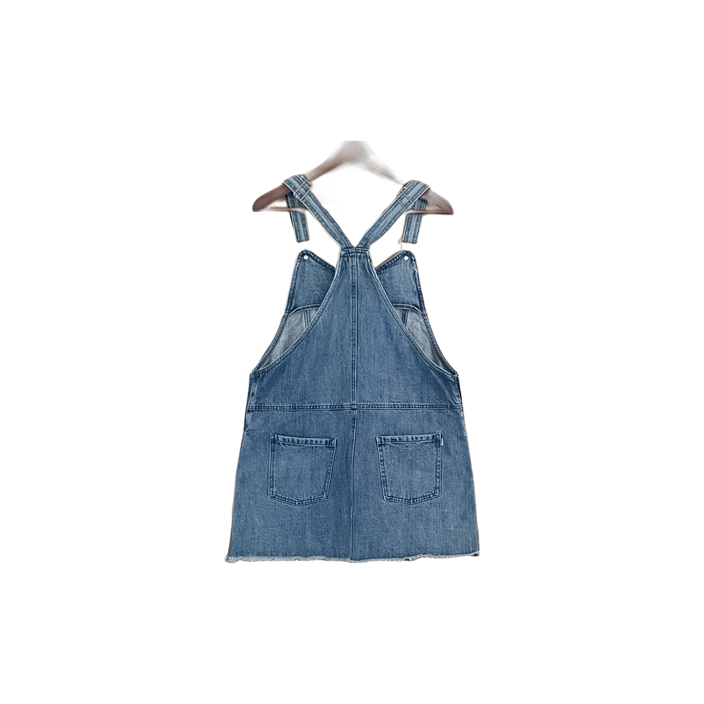 Robe salopette denim Obey M – coupe droite workwear, vue de dos bas frangés, seconde main état impeccable