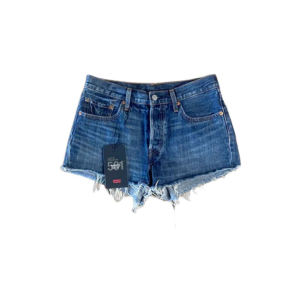 Short Levi's 501 denim foncé taille haute W26 neuf effiloché - Epok Label