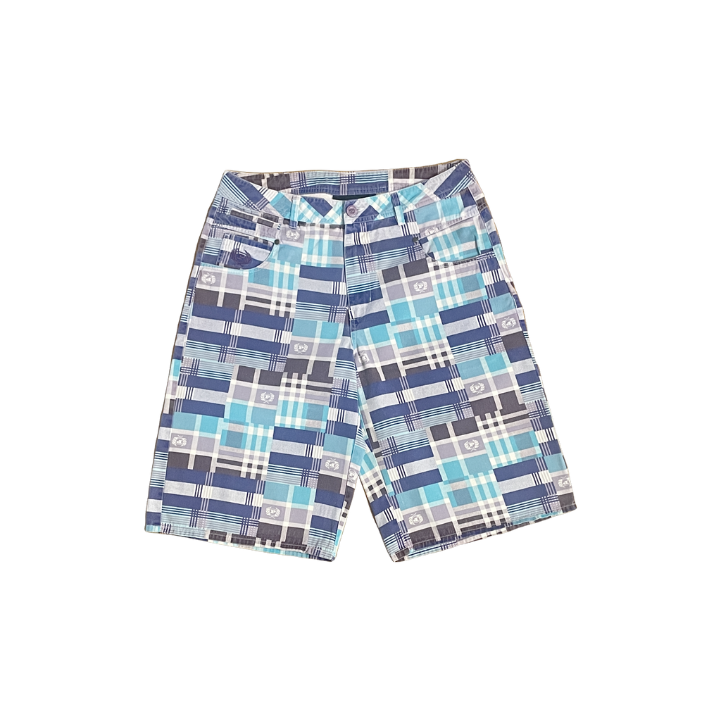 Short Phat Farm monogramme géométrique bleu gris blanc W32 face — hip-hop seconde main vintage — Epok Label