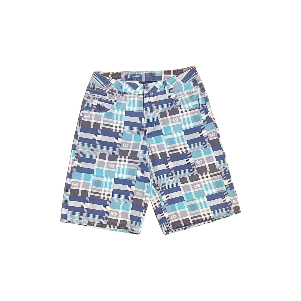 Short Phat Farm monogramme géométrique bleu gris blanc W32 face — hip-hop seconde main vintage — Epok Label