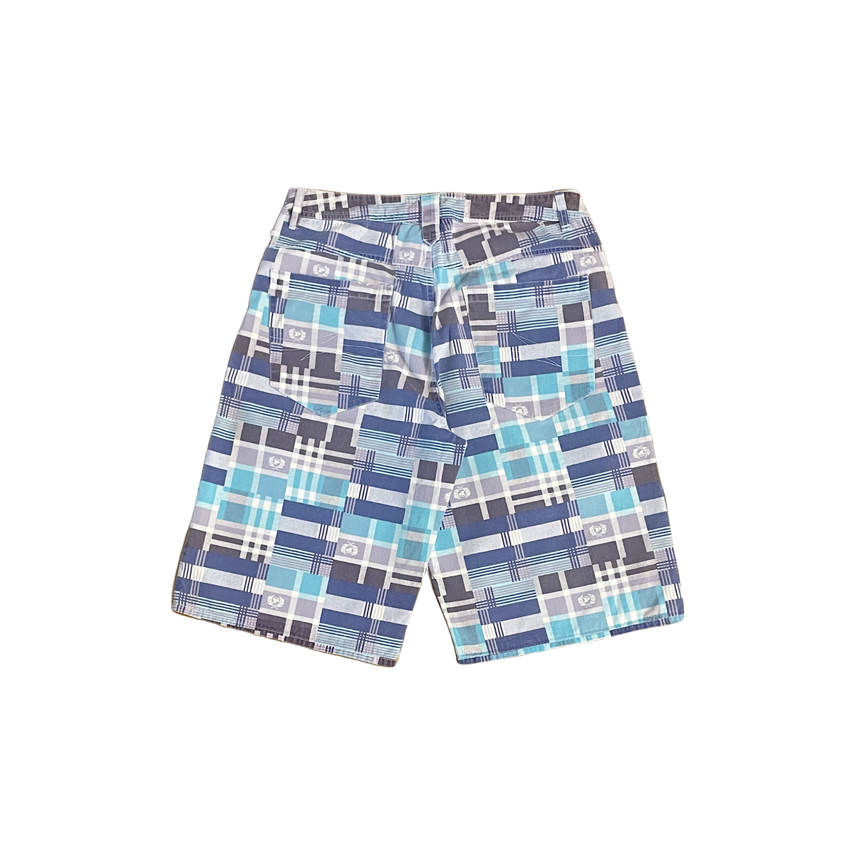 Short Phat Farm motif géométrique monogramme all-over bleu gris blanc taille W32 vue de dos
