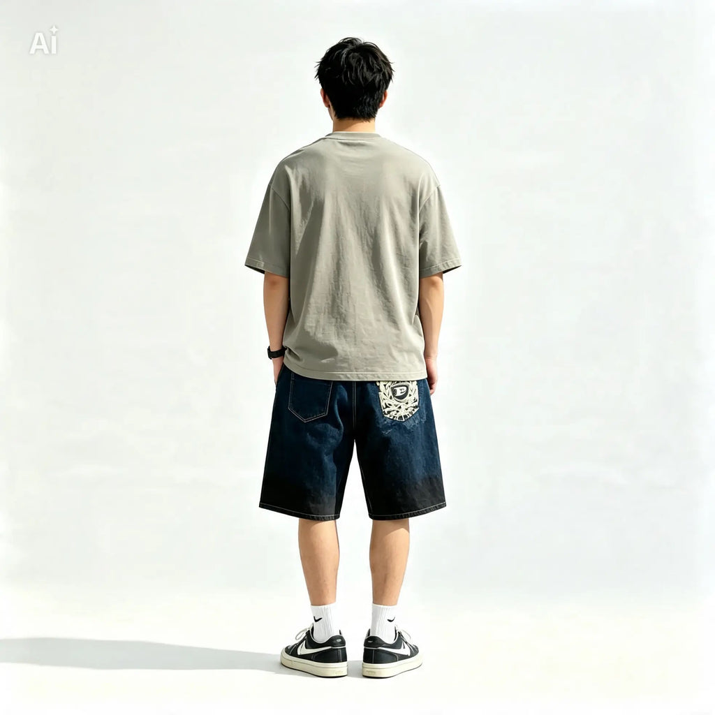 Short baggy Phat Farm denim indigo vue de dos porté par mannequin - Epok Label