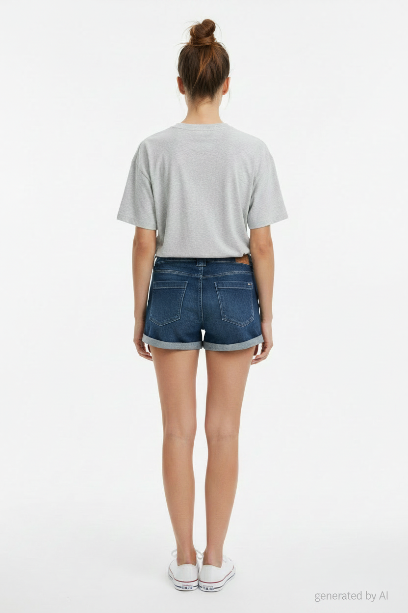 Short en denim vue de dos porté par une femme en basket