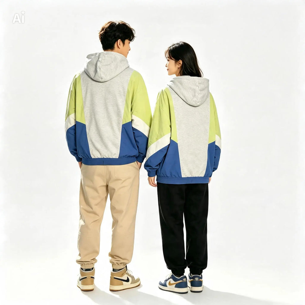 Sweat Nike oversize colorblock porté homme et femme - vue de dos - manches coupe-vent jaune et bleu - taille S | Epok Label