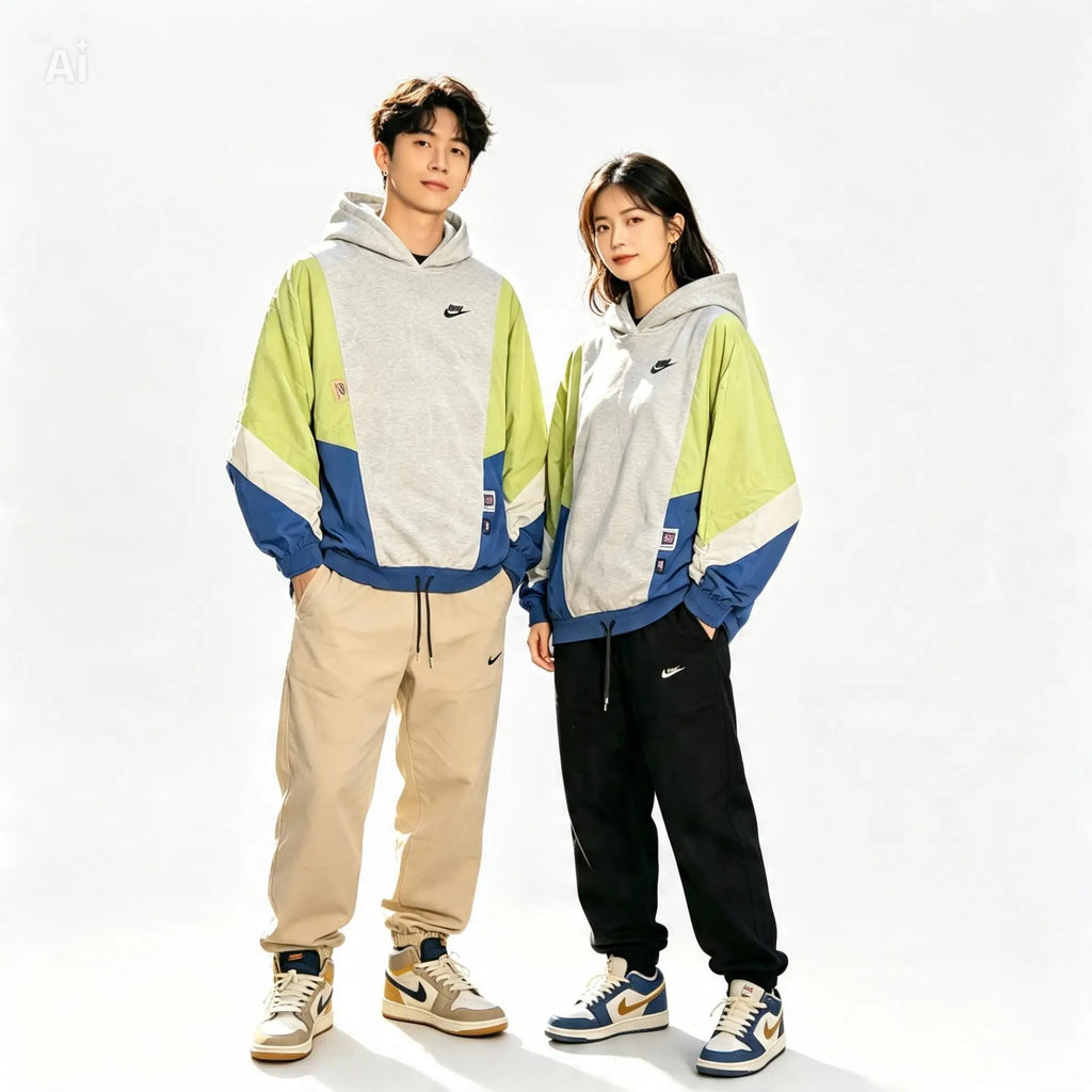 Sweat Nike oversize colorblock porté homme et femme - vue de face - manches coupe-vent jaune et bleu - taille S | Epok Label