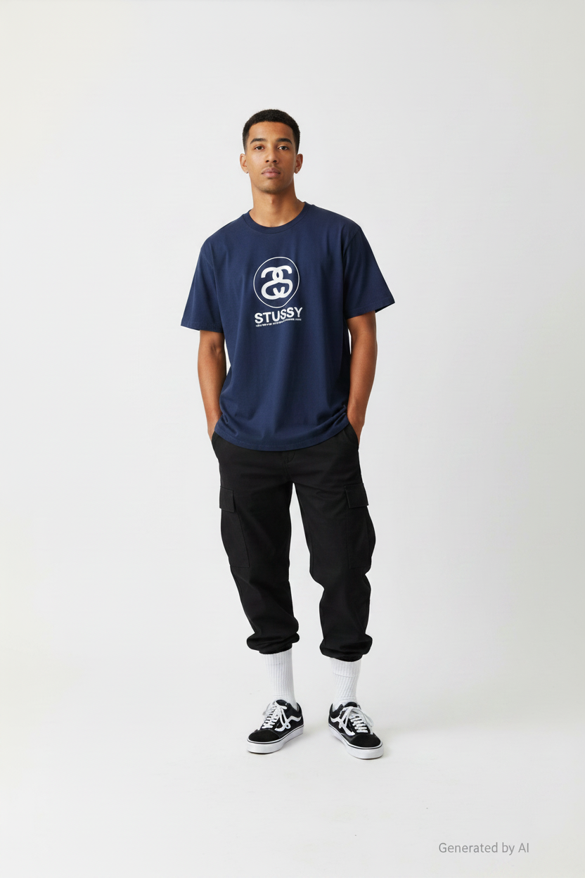 T-shirt Stüssy World Tour bleu marine S face — logo 5 villes NYC LA Tokyo Londres Paris — seconde main vintage — Epok Label