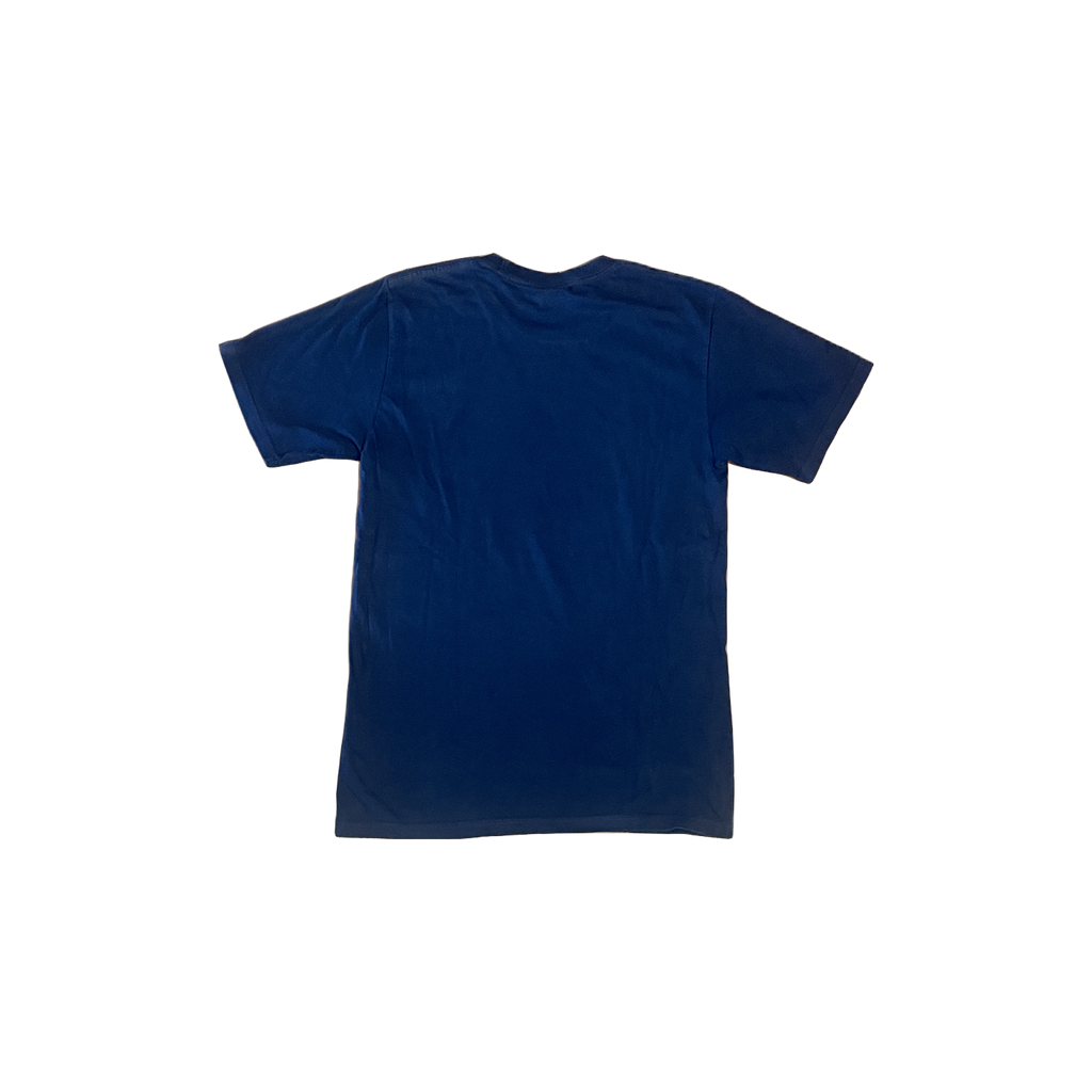 T-shirt Stüssy World Tour bleu marine S verso — logo 5 villes NYC LA Tokyo Londres Paris — seconde main vintage — Epok Label