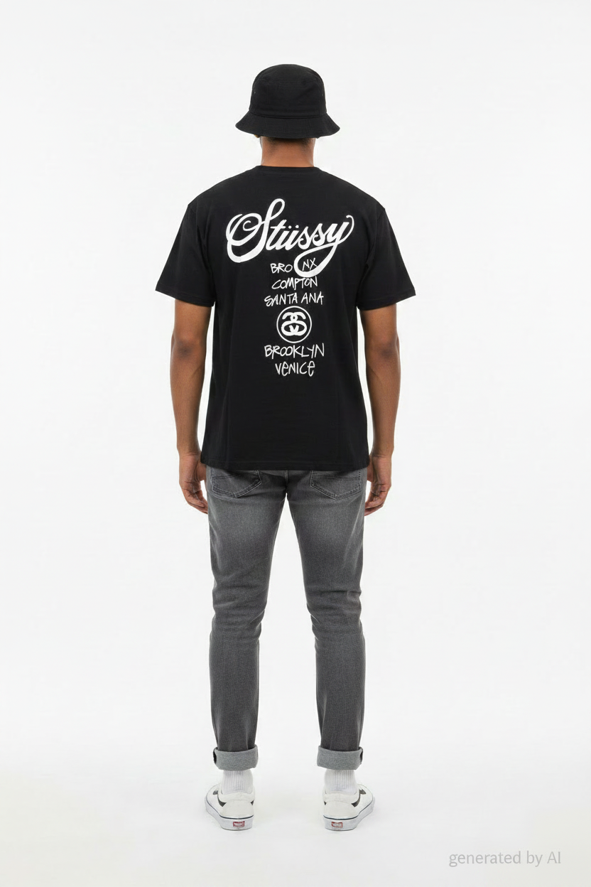 T-shirt Stüssy World Tour vintage noir S - porté vue de dos- Epok Label