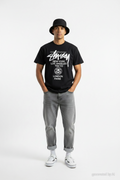 T-shirt Stüssy World Tour vintage noir S - porté vue de face- Epok Label