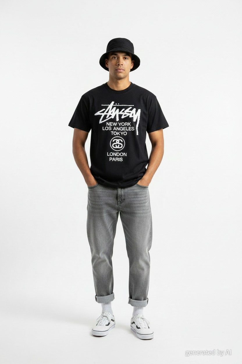 T-shirt Stüssy World Tour vintage noir S - porté vue de face- Epok Label