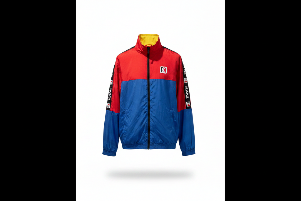 Veste Karl Kani unisexe M face — coupe-vent oversize color-block rouge bleu col jaune logo brodé — seconde main vintage 90s — Epok Label