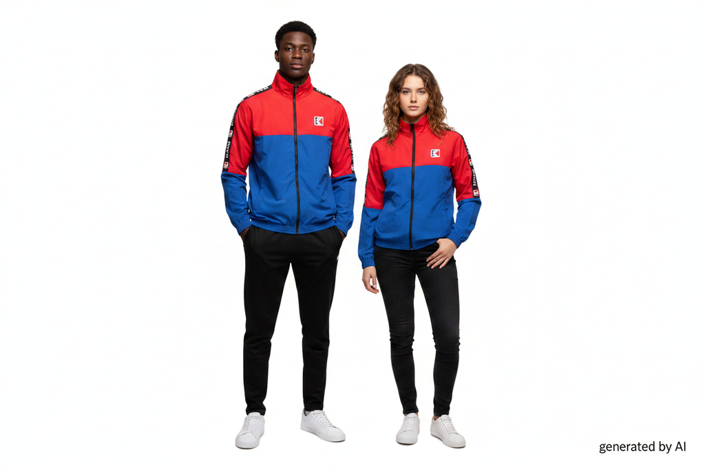 Veste Karl Kani unisexe M recto — coupe-vent oversize color-block rouge bleu col jaune logo brodé — seconde main vintage 90s — Epok Label