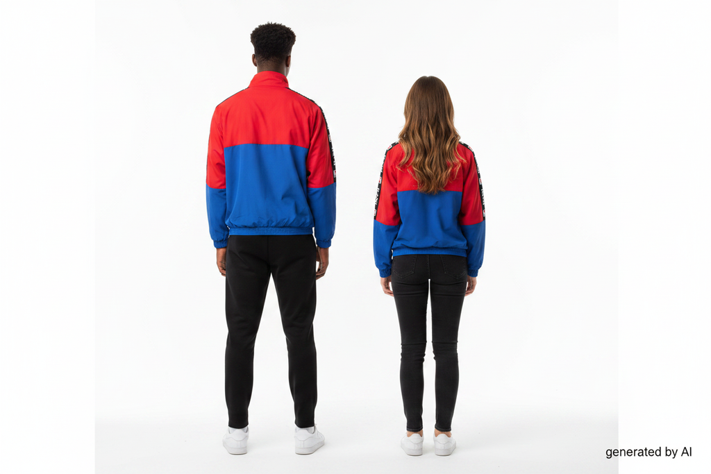 Veste Karl Kani unisexe M verso — coupe-vent oversize color-block rouge bleu col jaune logo brodé — seconde main vintage 90s — Epok Label
