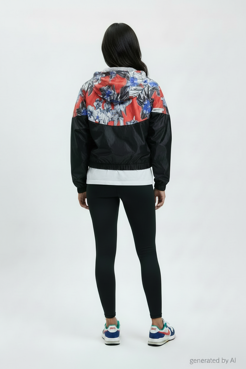 Veste coupe-vent Nike noir et floral seconde main dos M — Epok Label