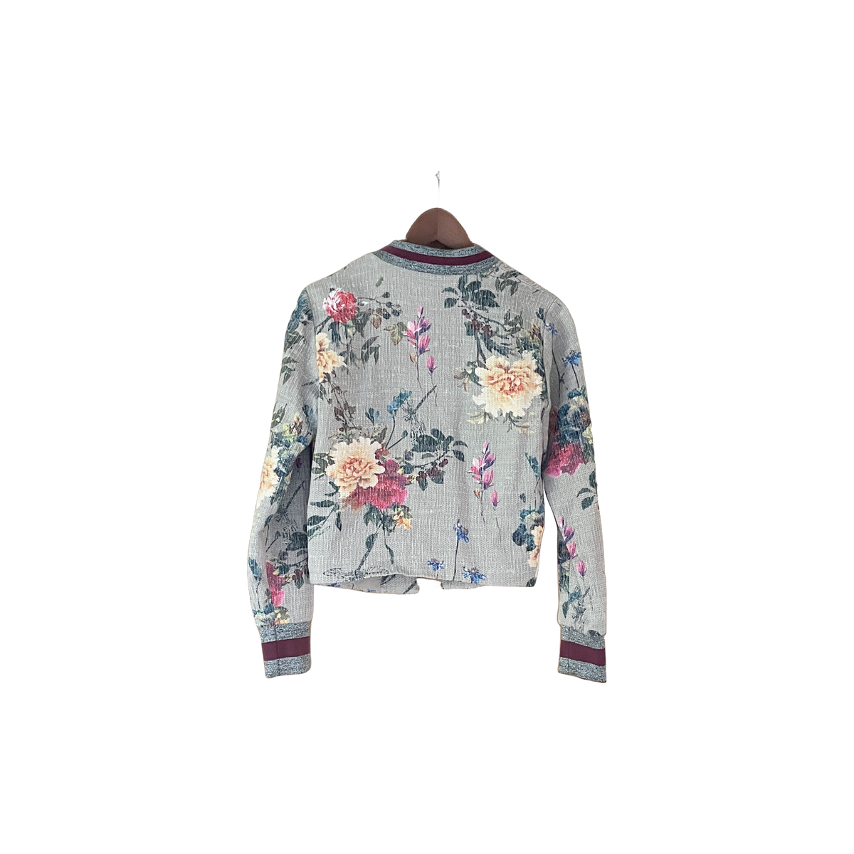 Veste courte ONLY femme XS dos — motif floral dégradé gris vert cintrée élastique pailleté — seconde main parfait état — Epok Label