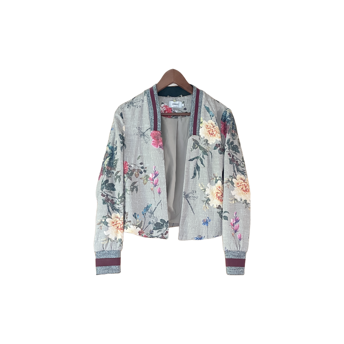 Veste courte ONLY femme XS face — motif floral dégradé gris vert cintrée élastique pailleté — seconde main parfait état — Epok Label