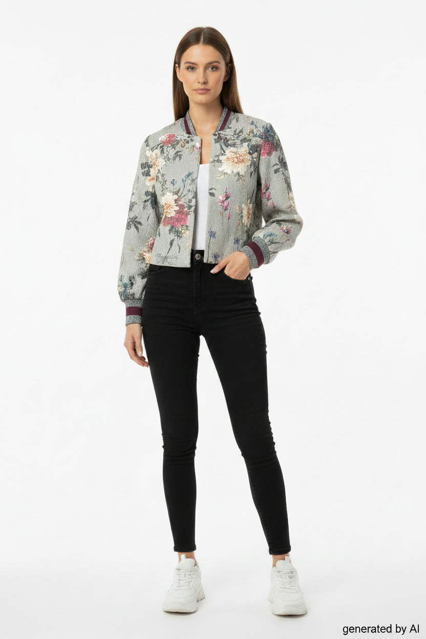 Veste courte ONLY femme XS recto — motif floral dégradé gris vert cintrée élastique pailleté — seconde main parfait état — Epok Label