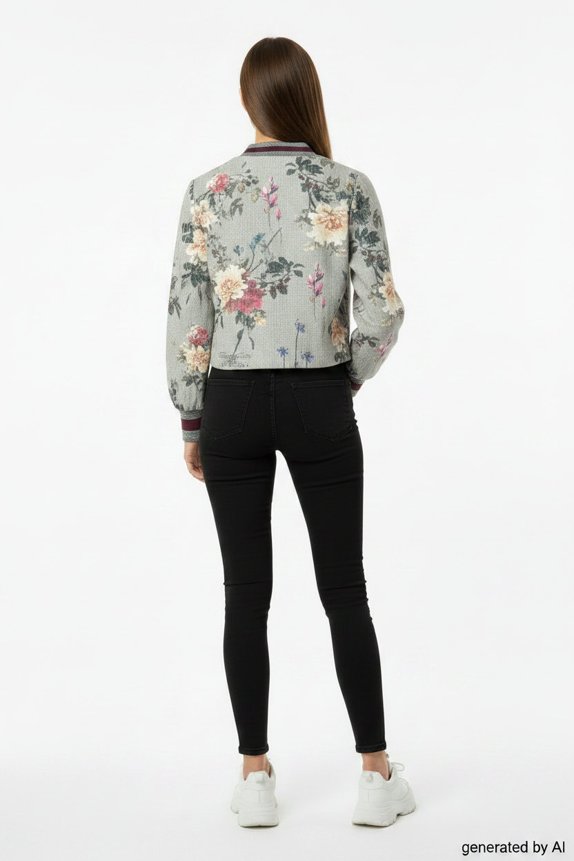 Veste courte ONLY femme XS verso — motif floral dégradé gris vert cintrée élastique pailleté — seconde main parfait état — Epok Label