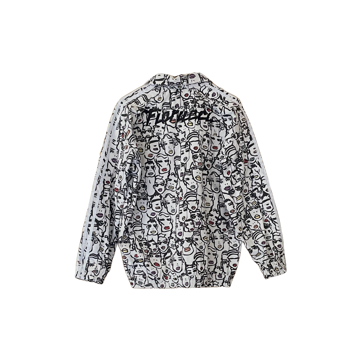 Veste en jean Adidas x Fiorucci FR34 verso — denim blanc graphique noir 3 bandes boutons chromés — collab culte seconde main — Epok Label