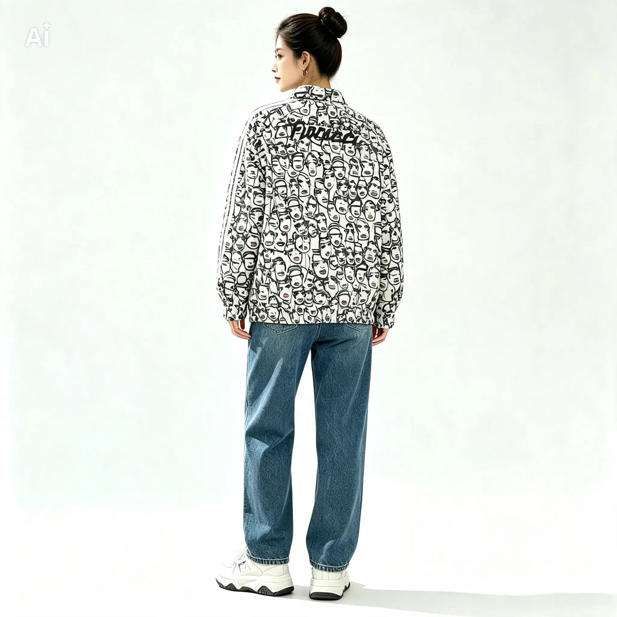 Veste en jean Adidas x Fiorucci FR34 dos — denim blanc graphique noir 3 bandes boutons chromés — collab culte seconde main — Epok Label