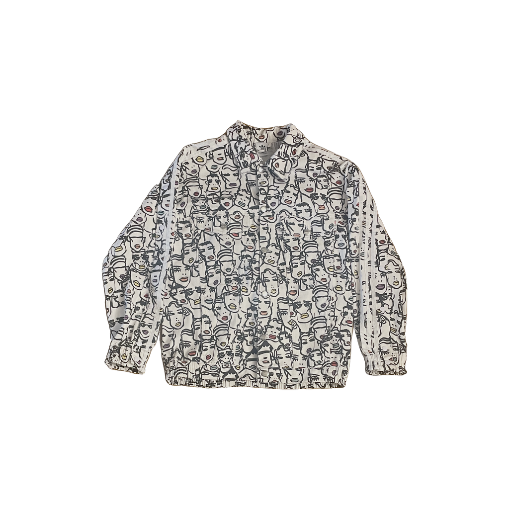 Veste en jean Adidas x Fiorucci FR34 recto — denim blanc graphique noir 3 bandes boutons chromés — collab culte seconde main — Epok Label