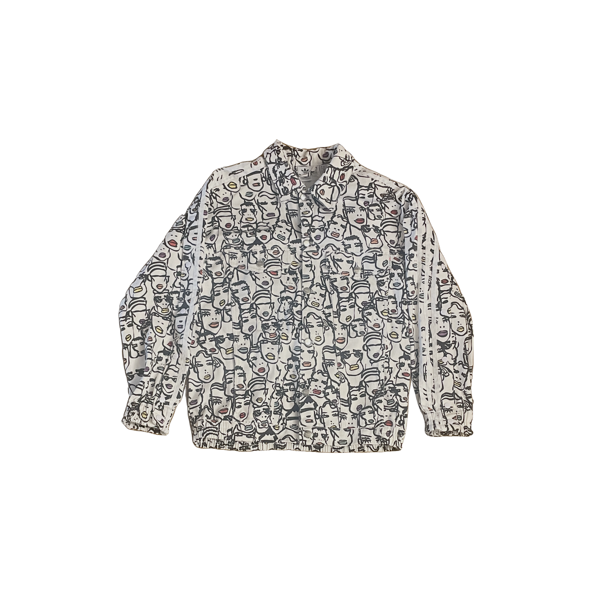 Veste en jean Adidas x Fiorucci FR34 recto — denim blanc graphique noir 3 bandes boutons chromés — collab culte seconde main — Epok Label