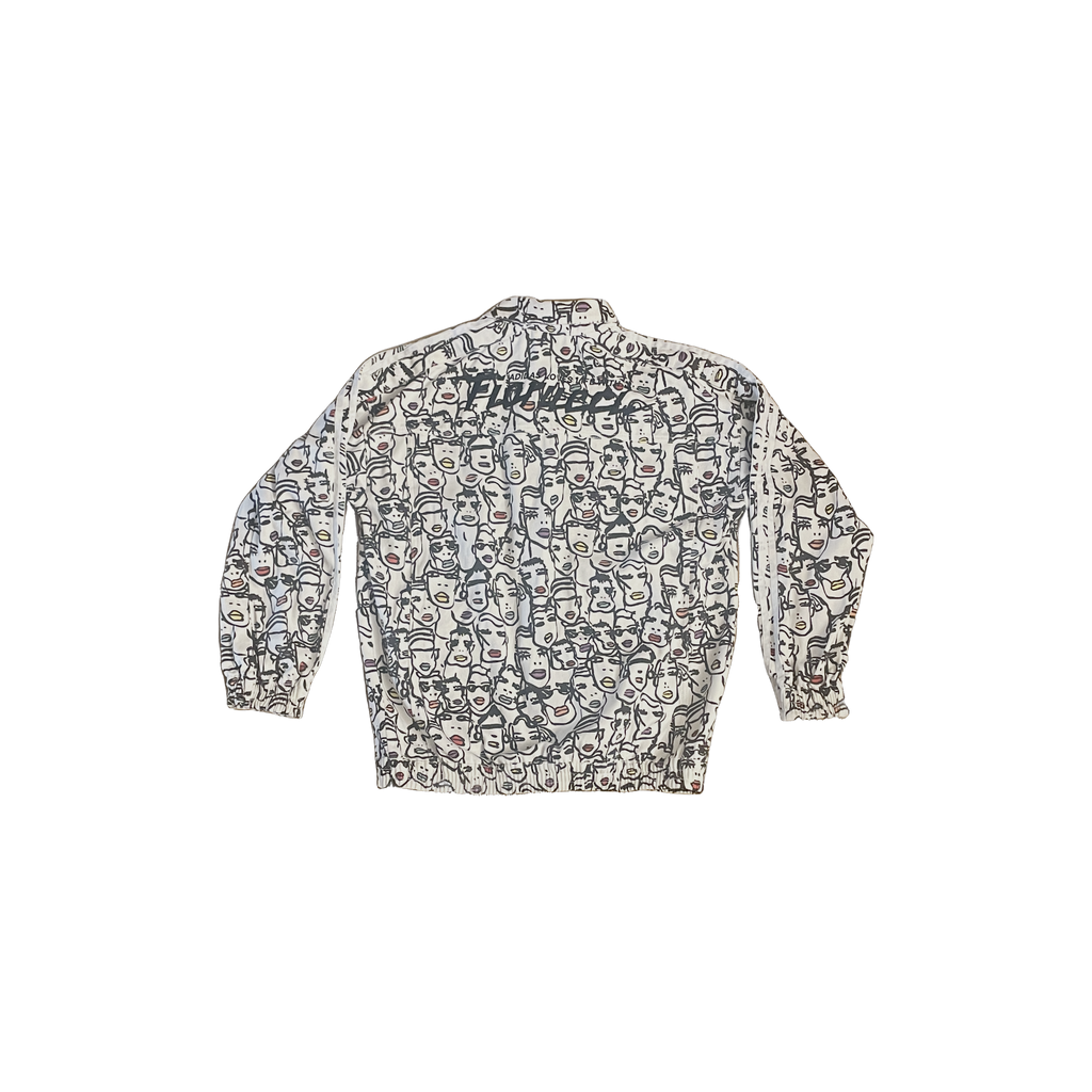 Veste en jean Adidas x Fiorucci FR34 verso — denim blanc graphique noir 3 bandes boutons chromés — collab culte seconde main — Epok Label