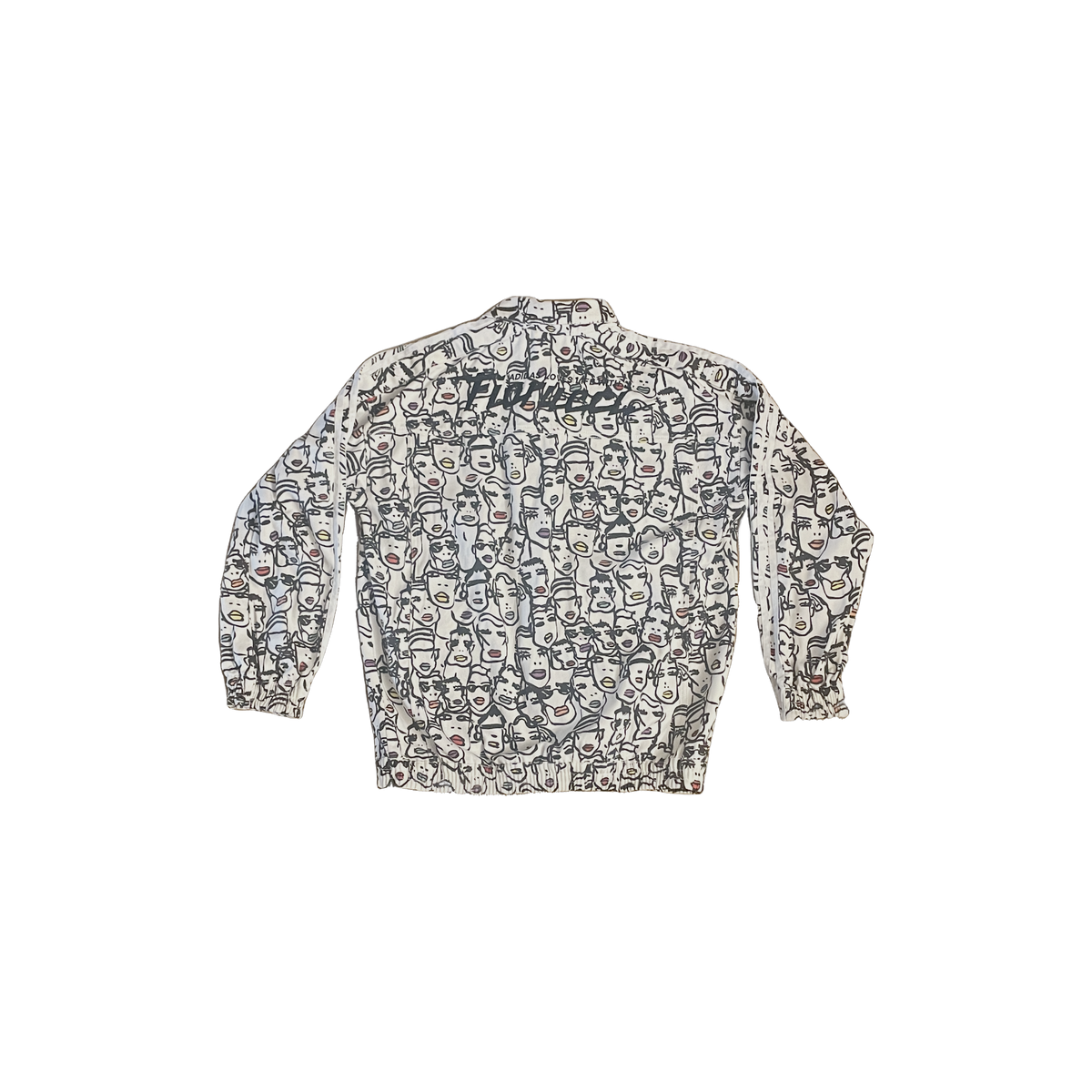 Veste en jean Adidas x Fiorucci FR34 verso — denim blanc graphique noir 3 bandes boutons chromés — collab culte seconde main — Epok Label