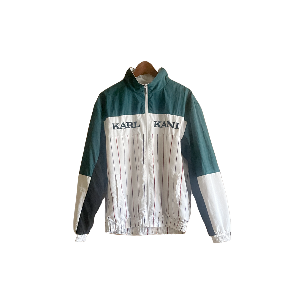 Veste vintage Karl Kani unisexe taille L – coloris vert foncé, blanc et orange, streetwear 90s