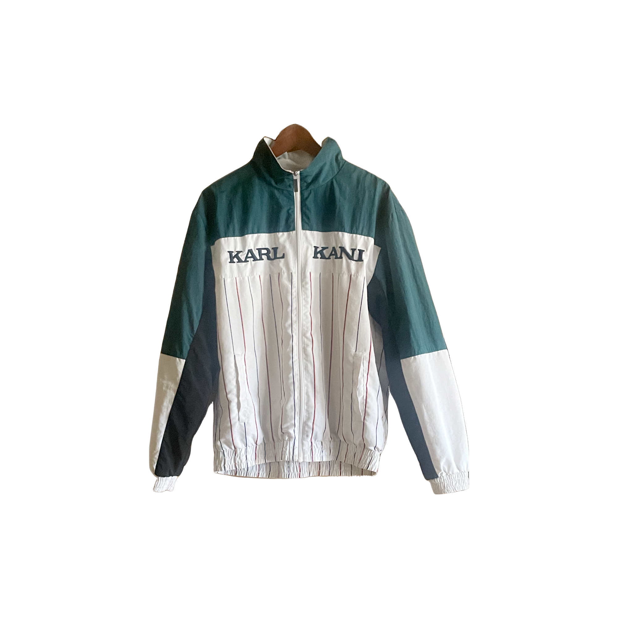 Veste vintage Karl Kani unisexe taille L – coloris vert foncé, blanc et orange, streetwear 90s