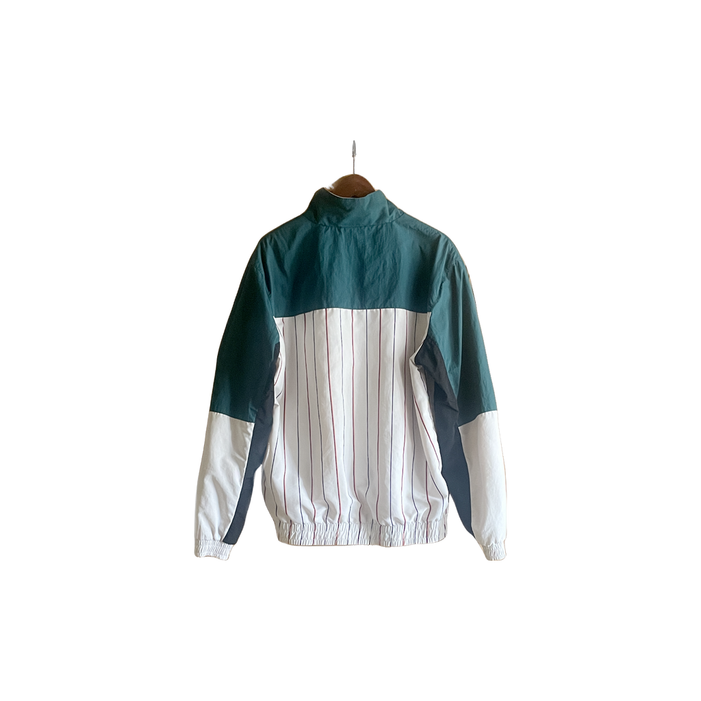 Veste vintage Karl Kani unisexe taille L – coloris vert foncé, blanc et orange, vue de dos, streetwear 90s