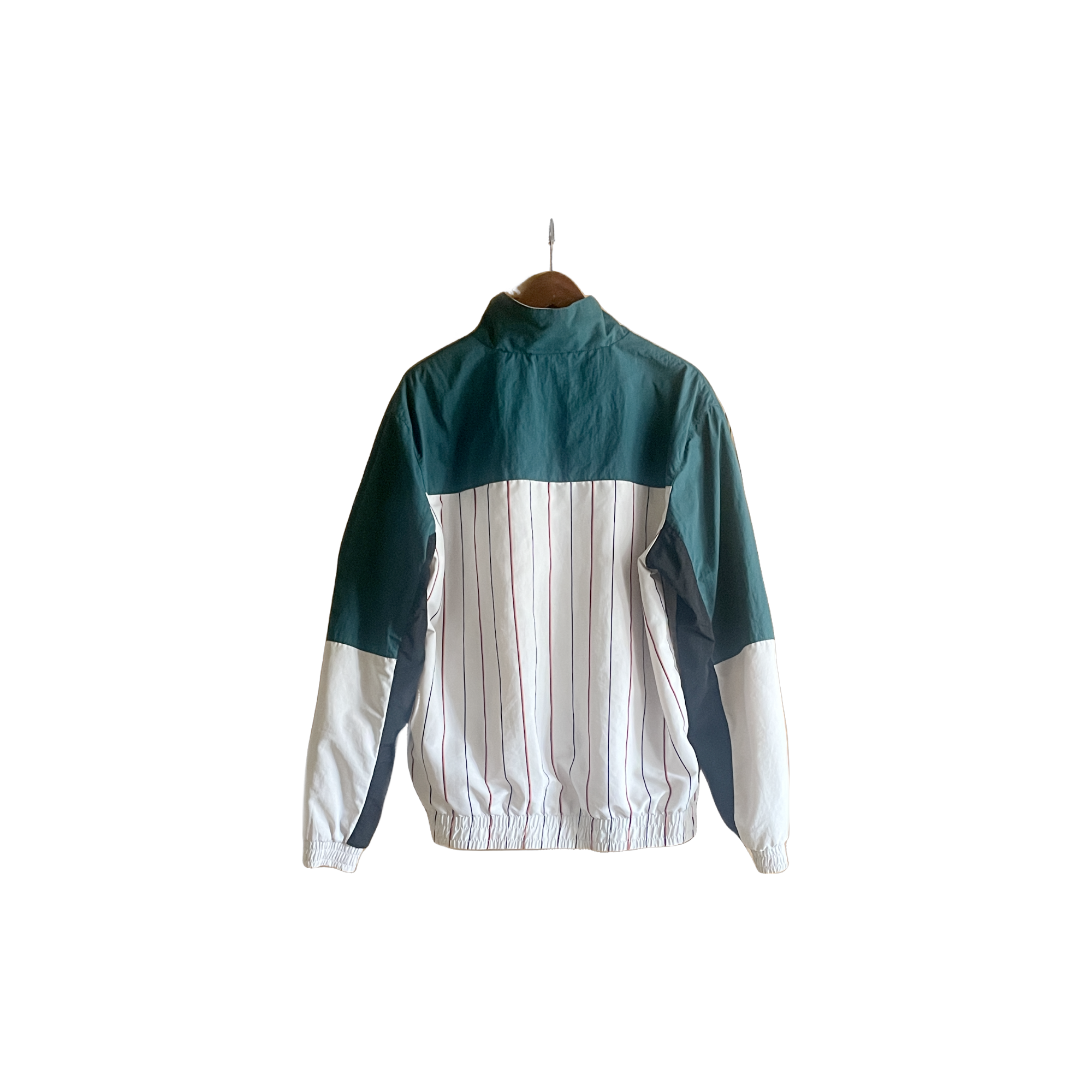 Veste vintage Karl Kani unisexe taille L – coloris vert foncé, blanc et orange, vue de dos, streetwear 90s