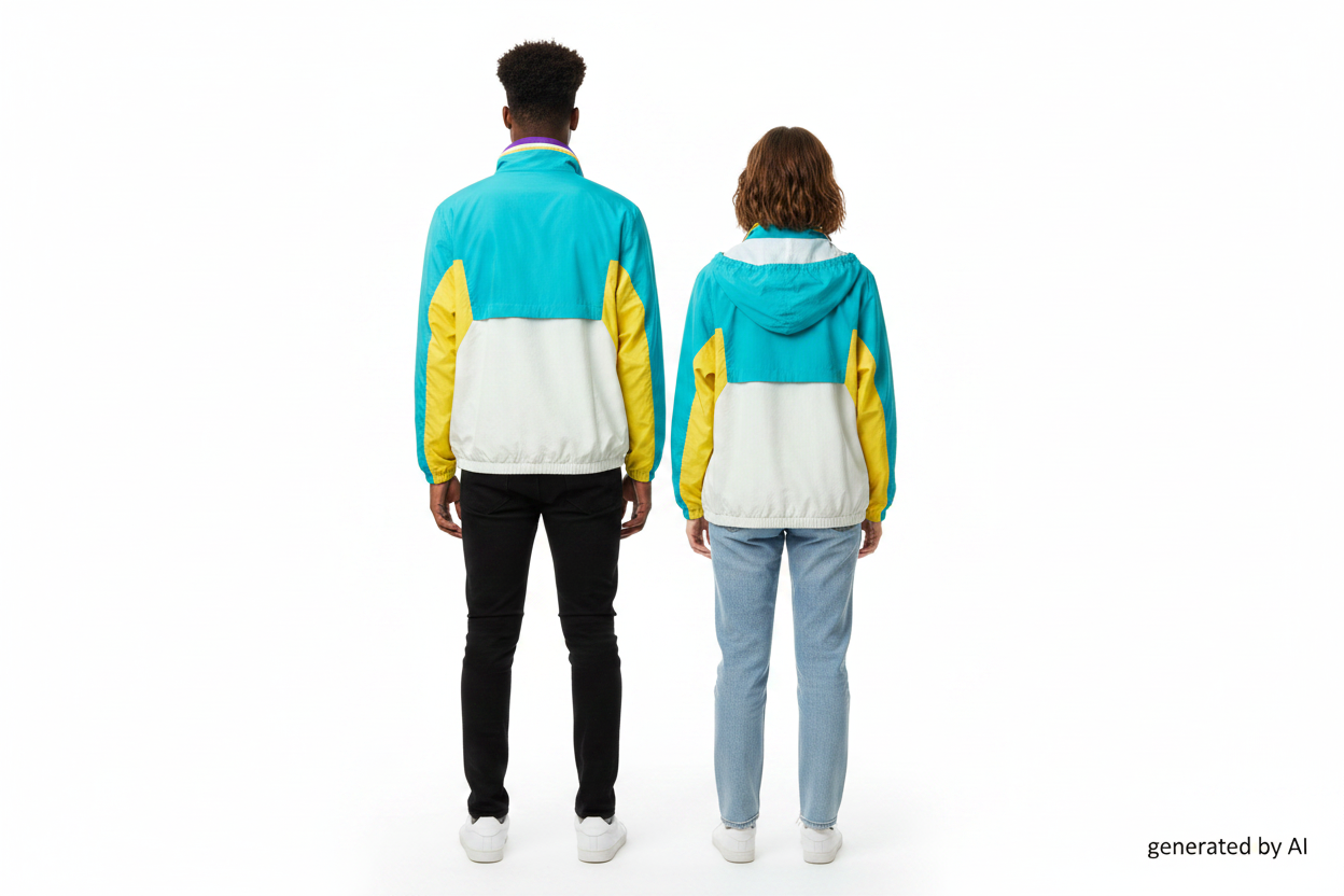 Anorak Karl Kani turquoise jaune duo mannequin vue de dos