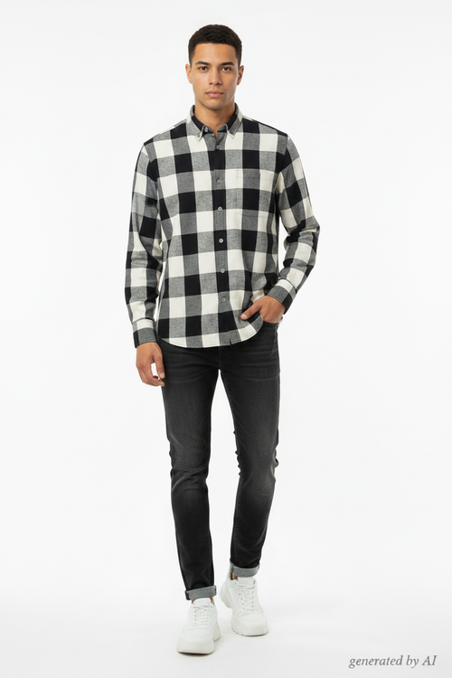 Chemise carreaux noir blanc sans étiquette mannequin homme baskets