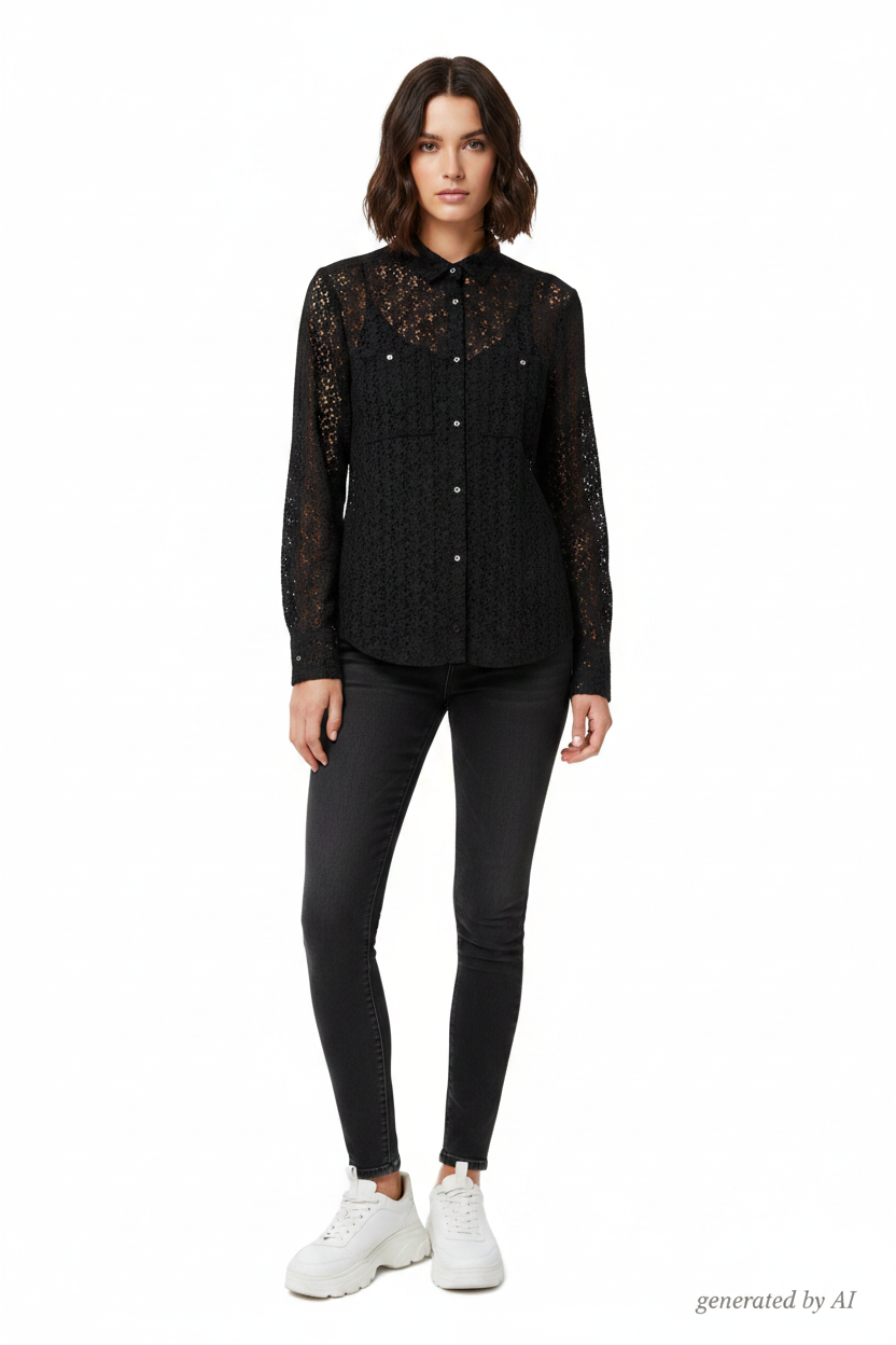 Chemisier The Kooples noir dentelle épaisse boutons strass poches mannequin baskets