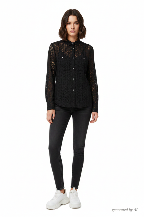 Chemisier The Kooples noir dentelle épaisse boutons strass poches mannequin baskets