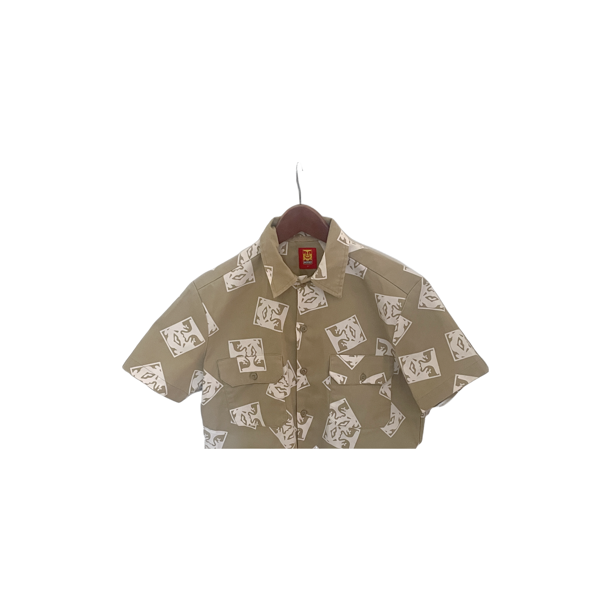 Chemise Dickies x Obey collaboration beige et blanc motif all-over - détail