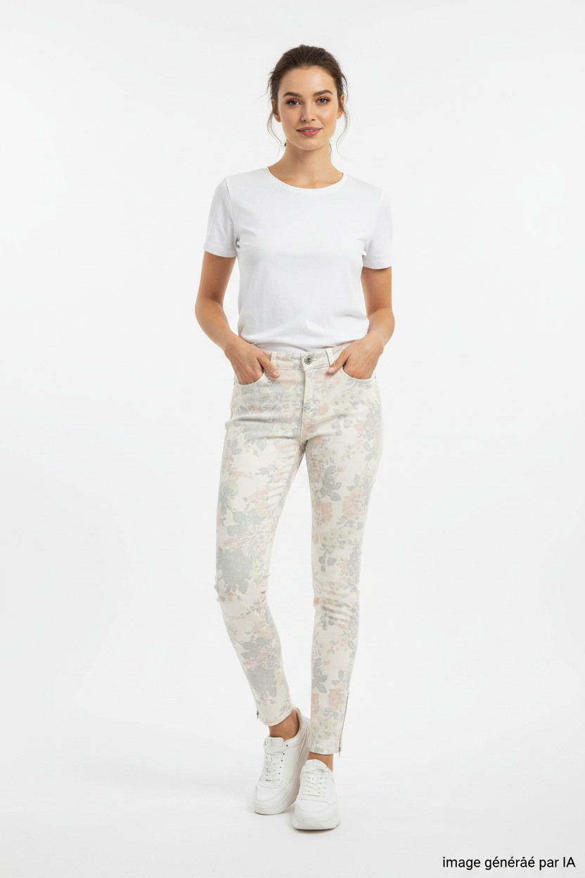 Jean skinny floral pastel crème bleu rose porté par mannequin baskets