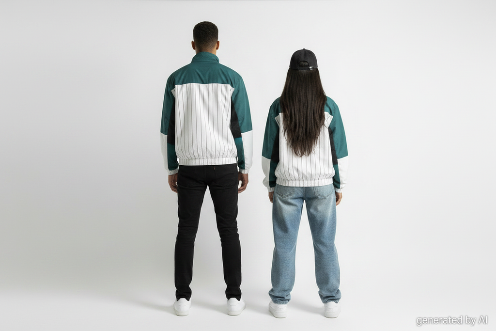 Karl Kani veste track – duo homme & femme – vue de dos – generated by AI