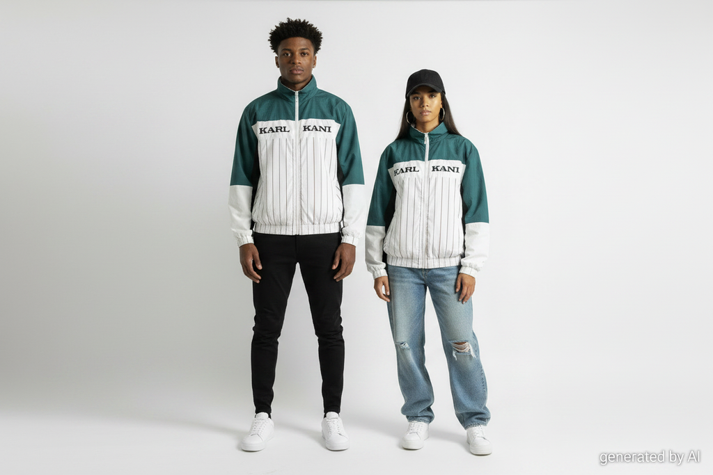 Karl Kani veste track – duo homme & femme – vue de face – generated by AI