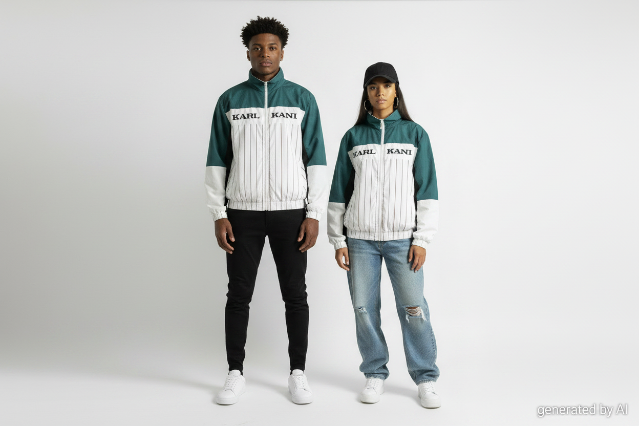 Karl Kani veste track – duo homme & femme – vue de face – generated by AI