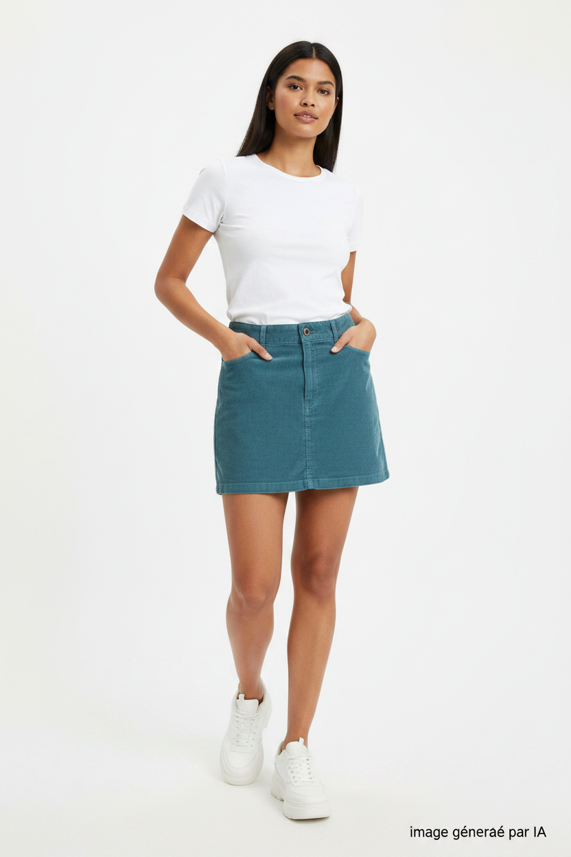 Mini jupe velours côtelé Dickies teal portée par mannequin